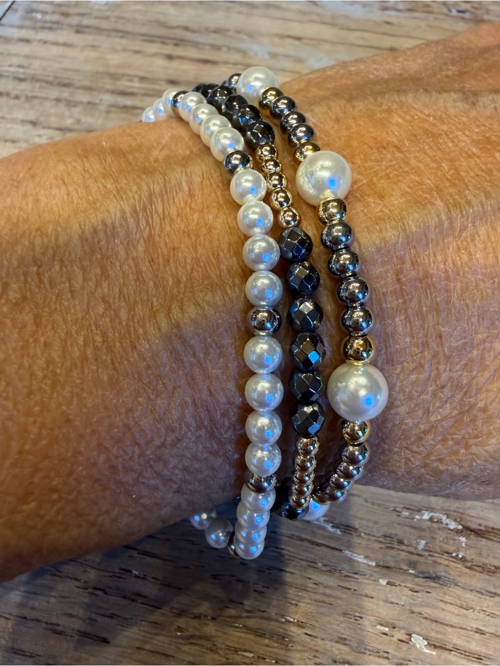 Pearl and Hematite Stretch Bracelet Set - White and Silver